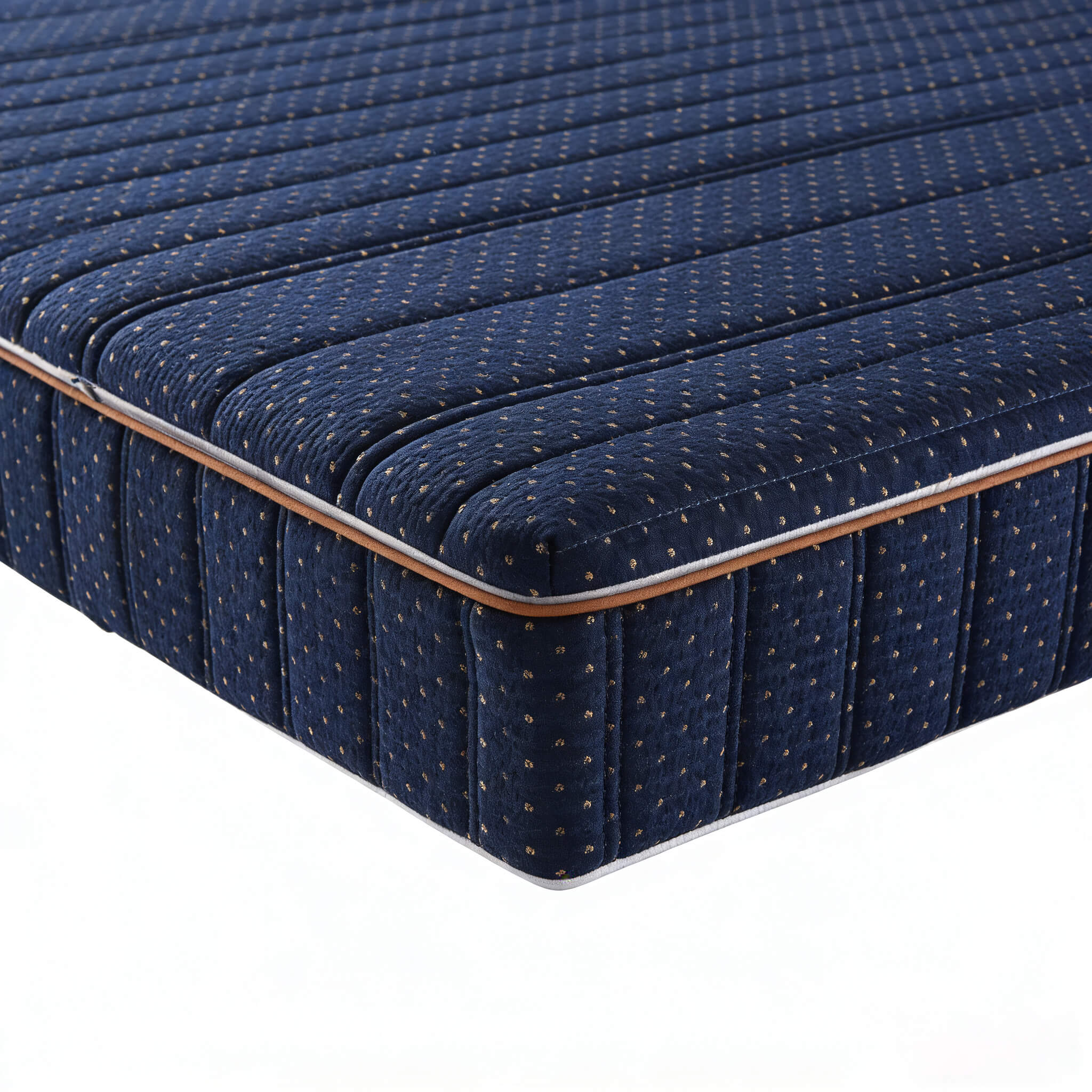 Durable Navy Blue Mattress Side Panel and Copper Piping Detail for Hospitality