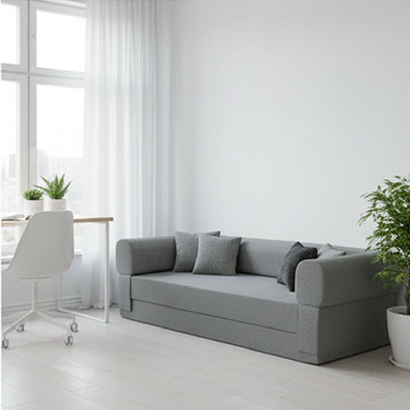 Modern minimalist gray all-foam sofa bed in a bright living room setting