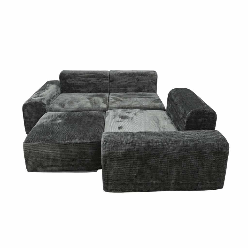 Black modular corduroy sectional sofa with deep seating and square armrests for modern living room