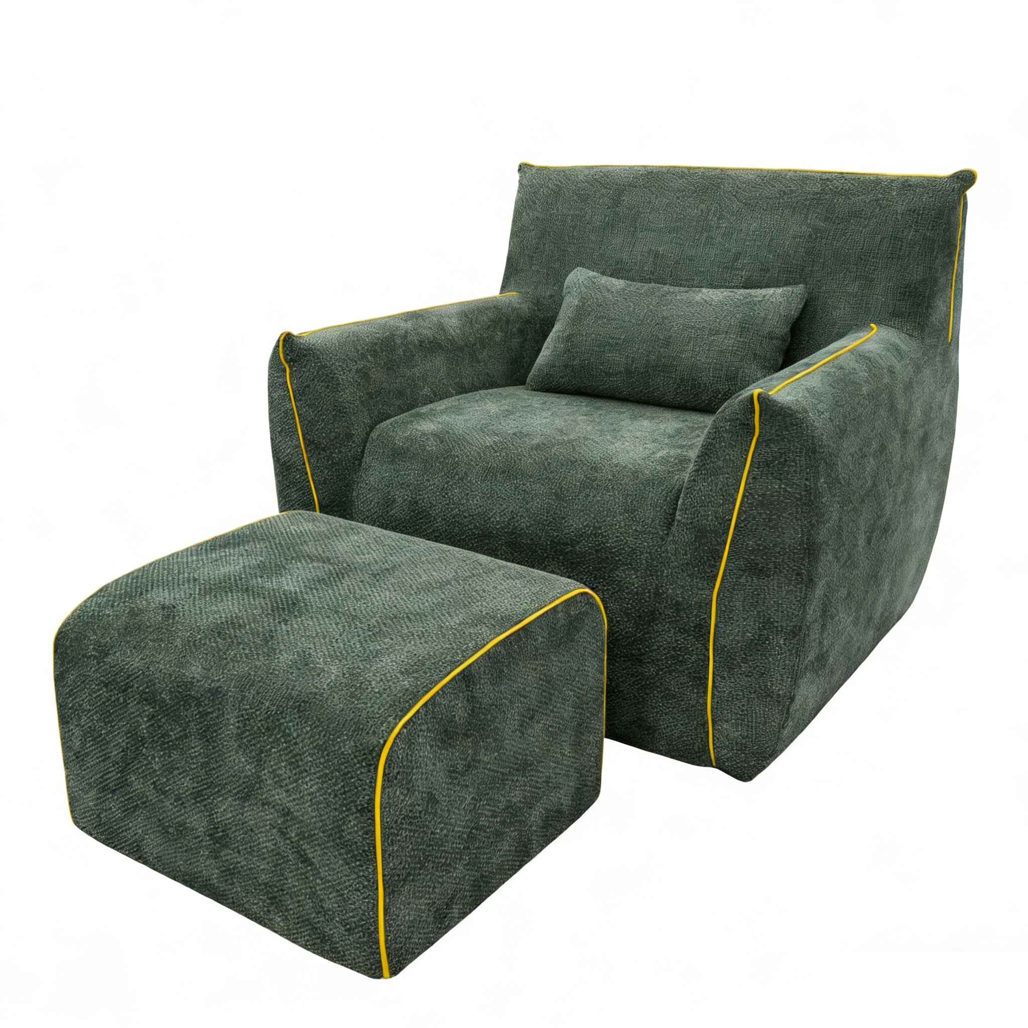Modern dark green all-foam lounge chair with matching ottoman and lumbar pillow set
