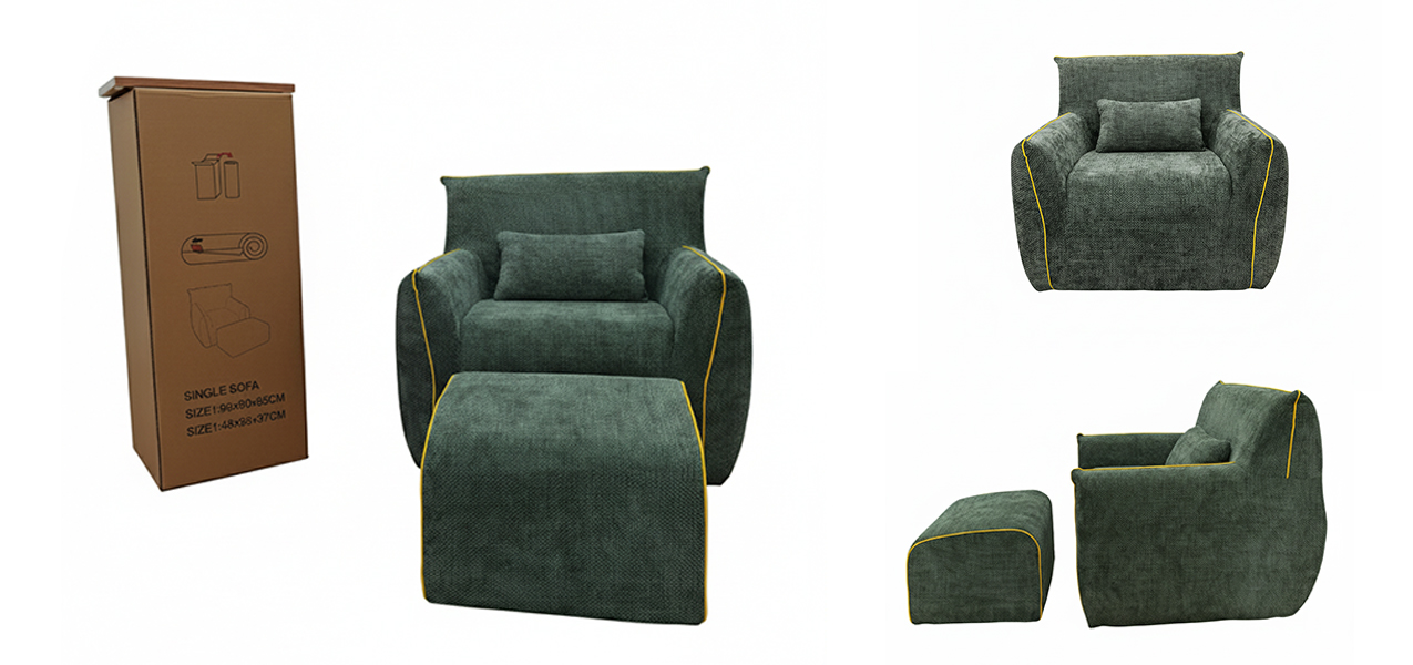 Compressed roll-pack packaging diagram for all-foam single sofa and ottoman set Compressed roll-pack packaging diagram for all-foam single sofa and ottoman set