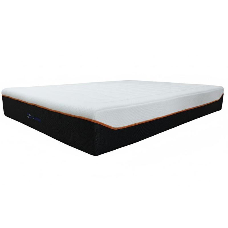 Full view of a sleek bed-in-a-box mattress with high-contrast black and white design and signature orange piping.