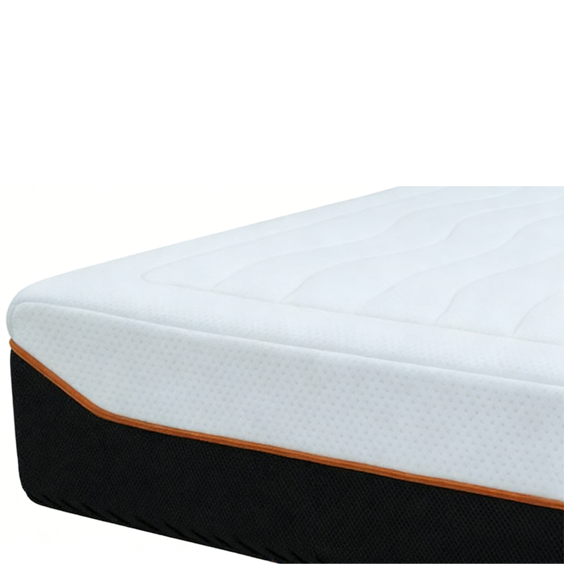 Side perspective of an ergonomic memory foam mattress featuring a breathable white quilted cover and durable black knit side-walls.