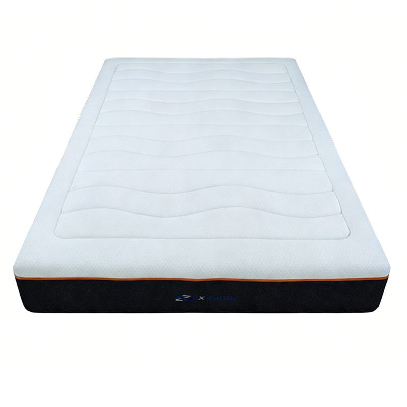 Front view of a premium hybrid mattress with a white wave-patterned top and modern black side fabric with orange trim.