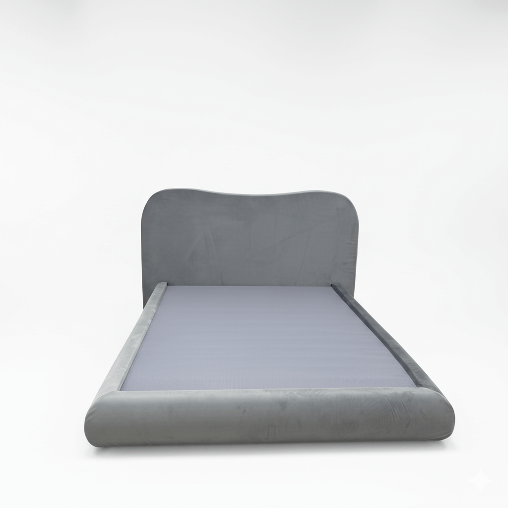 Front view of a gray foam-padded bed frame with a wave-shaped camelback headboard, isolated on a clean white background