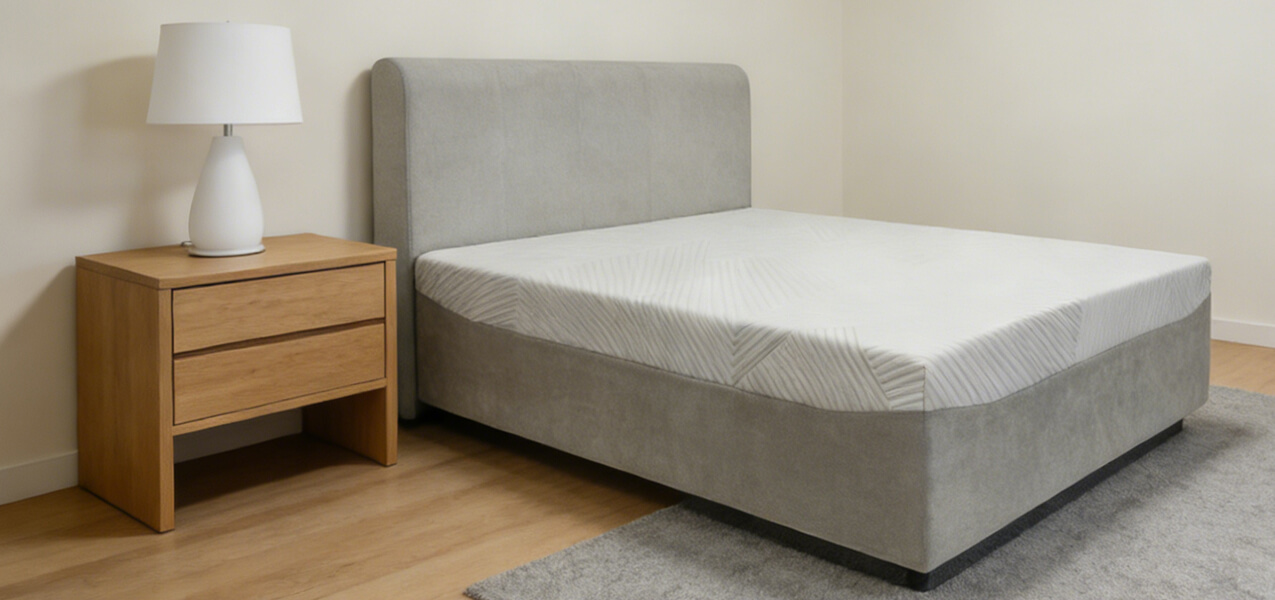 Modern bedroom setup featuring the integrated all-foam bed with a decorative throw and pillow, styled with a warm lamp and wooden nightstand for a cozy apartment feel