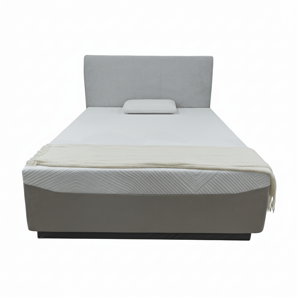 Front view of a tool-free assembly integrated bed with a soft headboard and premium textured fabric, featuring a clean white sleep surface