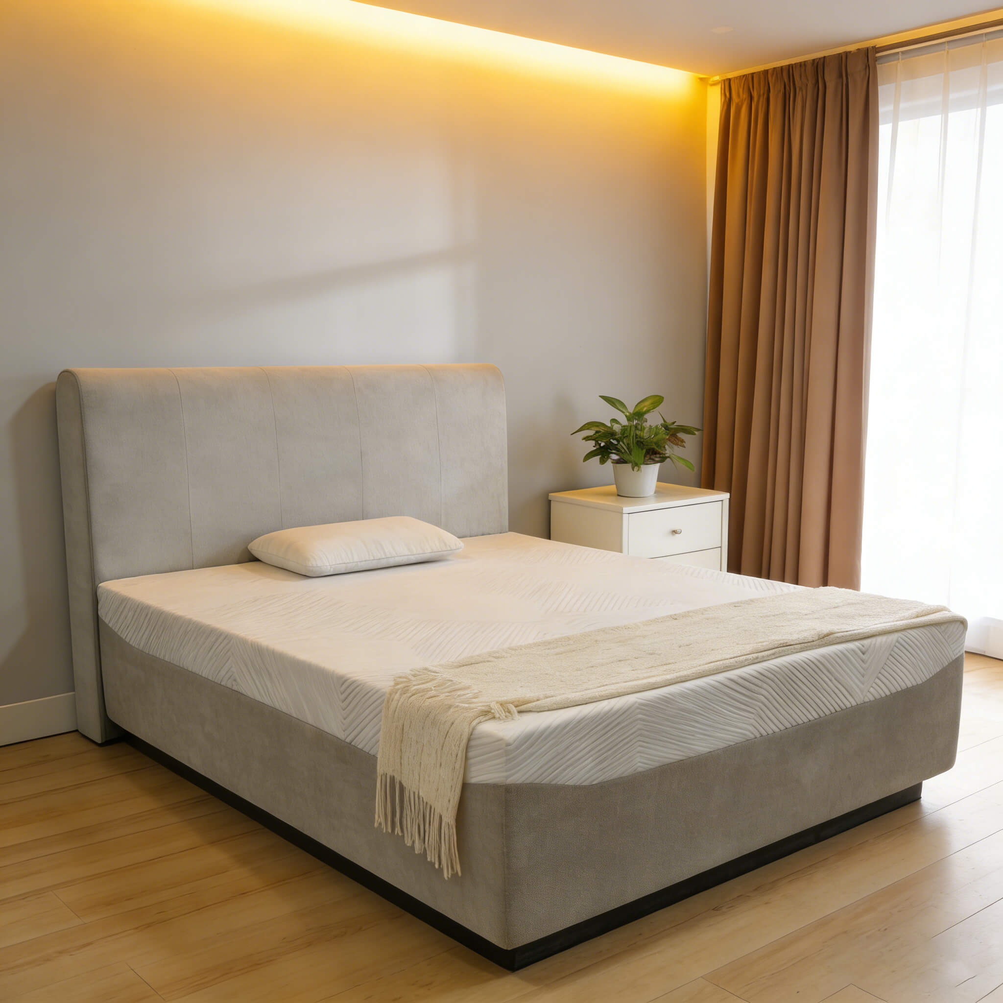 Luxurious integrated mattress and bed frame in a bright room with neutral curtains, highlighting the sleek minimalist profile and space-saving design