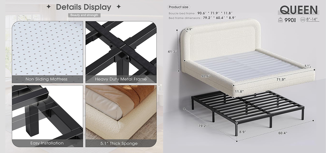 Homkdom bed frame specifications showing heavy-duty metal frame, 5.1-inch thick sponge padding, and easy tool-free installation guide for Queen size Homkdom bed frame specifications showing heavy-duty metal frame, 5.1-inch thick sponge padding, and easy tool-free installation guide for Queen size