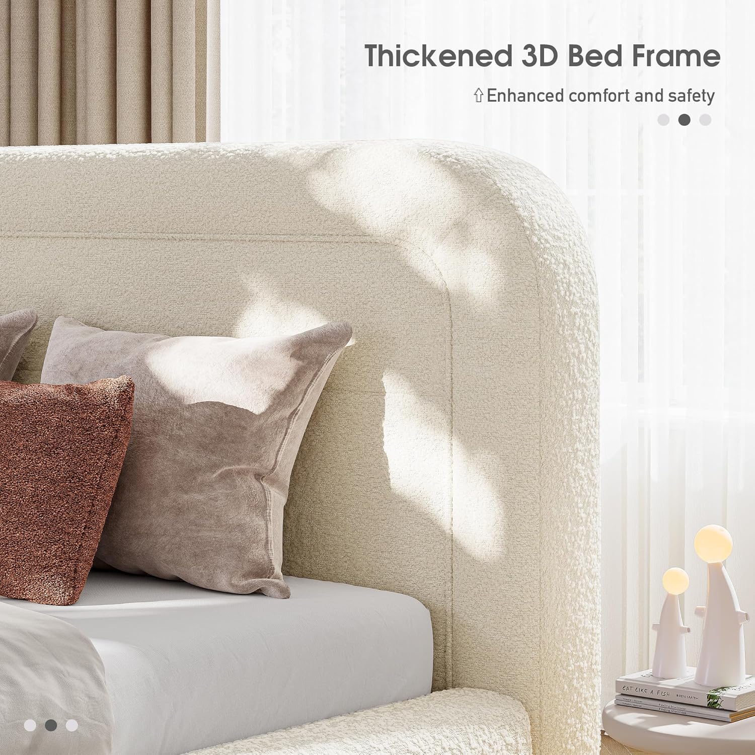 Close-up of MX DREAM thickened 3D bed frame headboard featuring soft boucle upholstery for enhanced safety and anti-collision protection