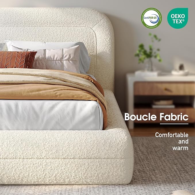 modern boucle fabric bed frame with CertiPUR-US and OEKO-TEX certified foam for eco-friendly and comfortable bedroom furniture