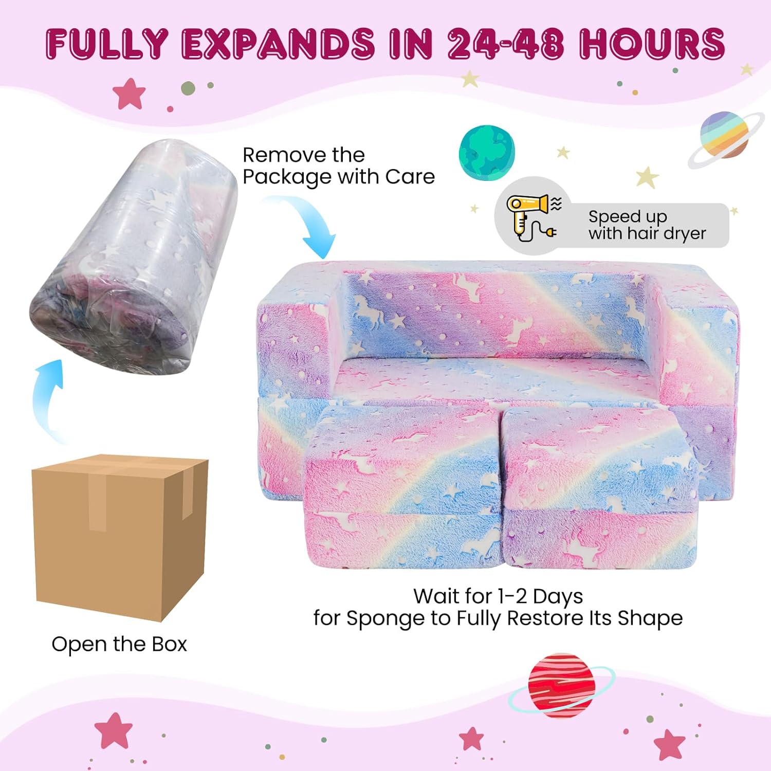 Wholesale vacuum compressed kids foam sofa expansion process, space-saving roll-pack packaging for e-commerce logistics efficiency