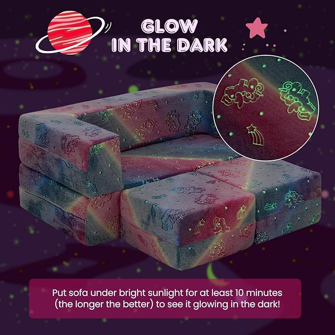 Glow-in-the-dark unicorn pattern kids sofa, premium flannel fabric with phosphorescent print, high-margin unique selling point for toy and furniture retailers