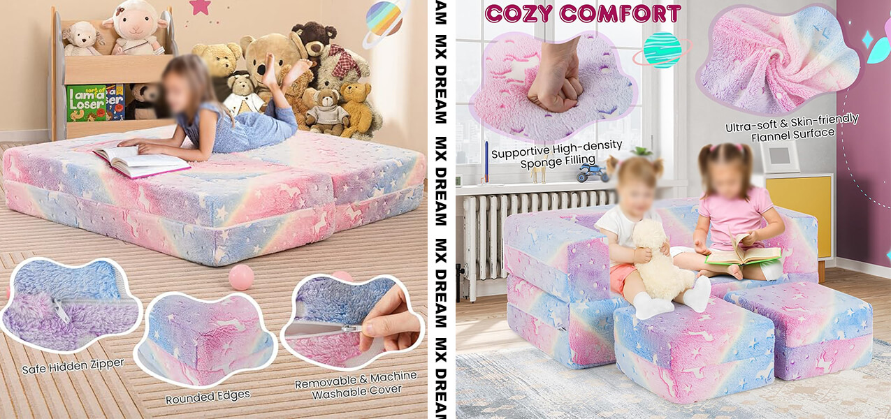 Detailed features of modular kids foam sofa: machine washable cover, safe hidden zipper, and high-density supportive sponge filling for OEM/ODM orders