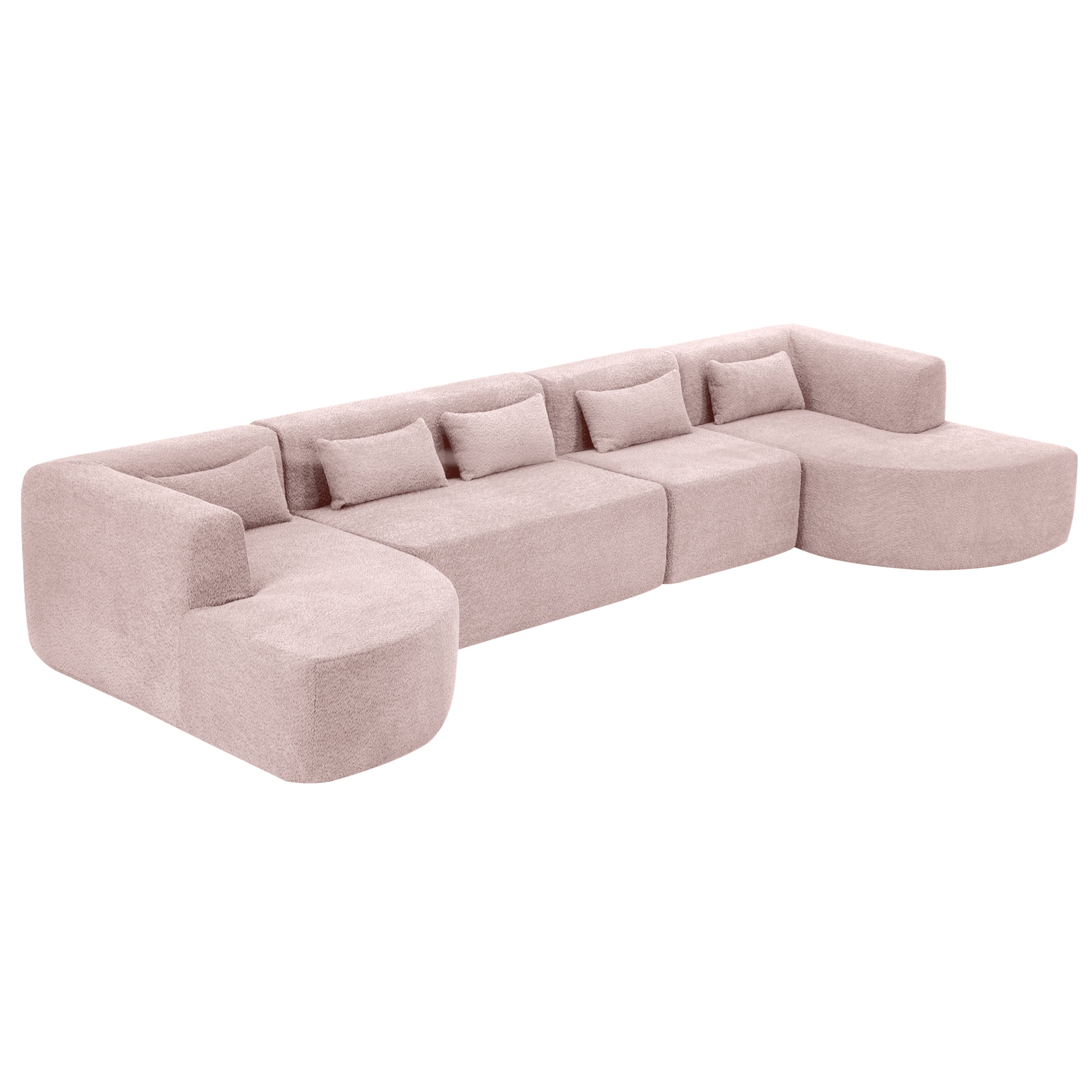 Modern 4-piece modular boucle sectional sofa in light pink featuring double curved chaise lounges and matching pillows