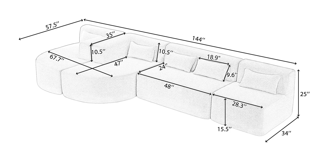 Detailed dimension chart for the 144-inch modular boucle sofa, showing height, width, and depth of each sectional piece Detailed dimension chart for the 144-inch modular boucle sofa, showing height, width, and depth of each sectional piece