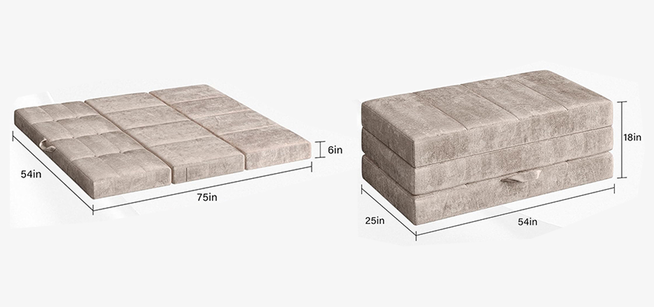 Technical dimension chart showing unfolded size (75x54x6 inches) and compact folded size (54x25x18 inches) for space-saving storage