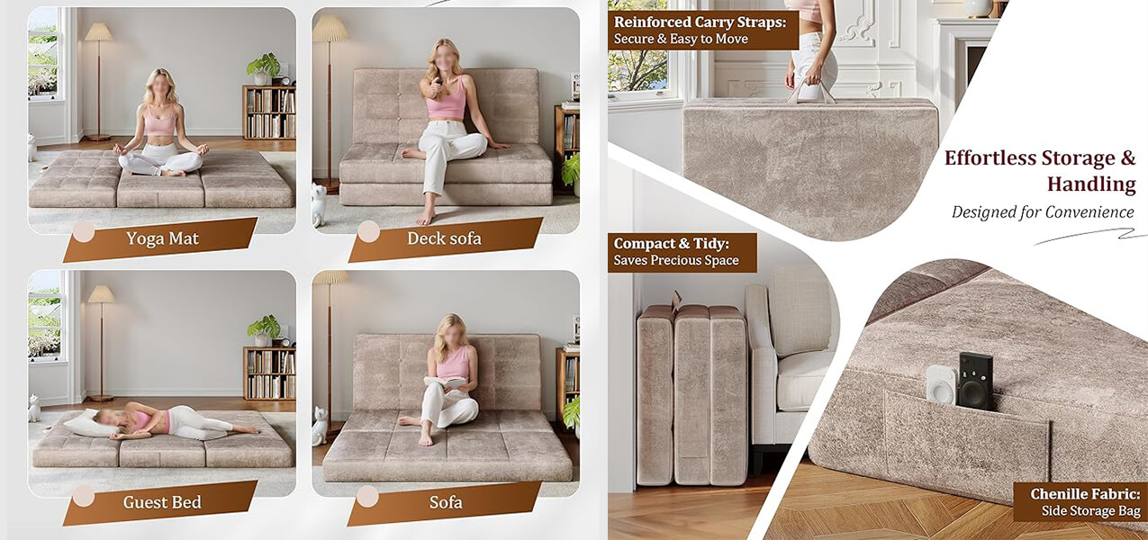 4-in-1 convertible folding mattress showing multiple configurations: yoga mat, deck sofa, guest bed, and floor sofa with side storage pocket