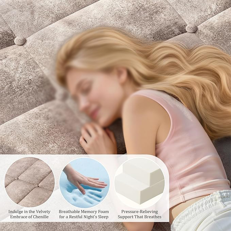 Close-up of premium chenille fabric and breathable memory foam structure providing pressure-relieving support for sleep