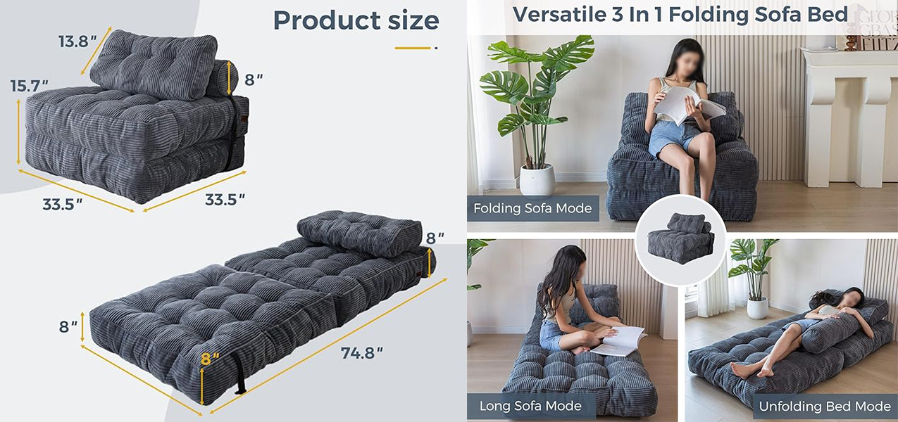 Versatile usage modes: folding sofa, long lounger, and unfolding bed Versatile usage modes: folding sofa, long lounger, and unfolding bed