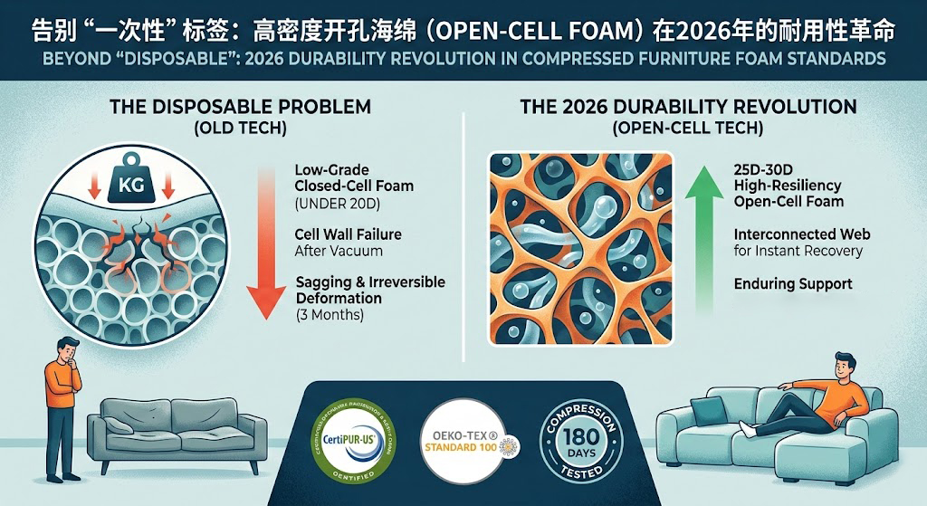 Wholesale 25D 30D high-density open-cell foam durability comparison chart for compressed furniture 2026