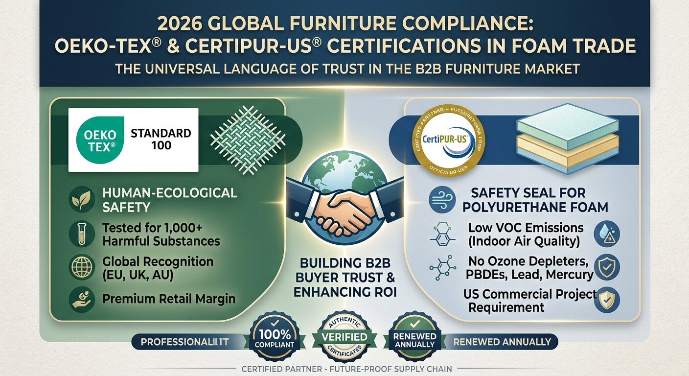 Infographic explaining OEKO-TEX Standard 100 and CertiPUR-US certification requirements for polyurethane foam in the 2026 global furniture market