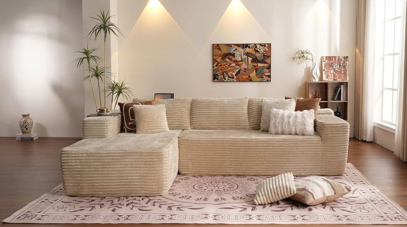Eco-friendly assembly-free sponge sofa in a luxury minimalist living room, 16:9 panoramic view Eco-friendly assembly-free sponge sofa in a luxury minimalist living room, 16:9 panoramic view