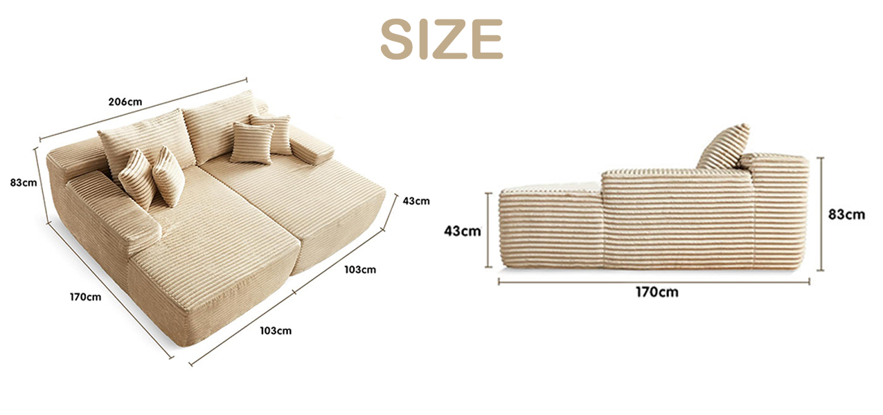 Detailed size chart for MX DREAM modular sofa: 206cm width, 170cm depth, and 43cm seat height Detailed size chart for MX DREAM modular sofa: 206cm width, 170cm depth, and 43cm seat height