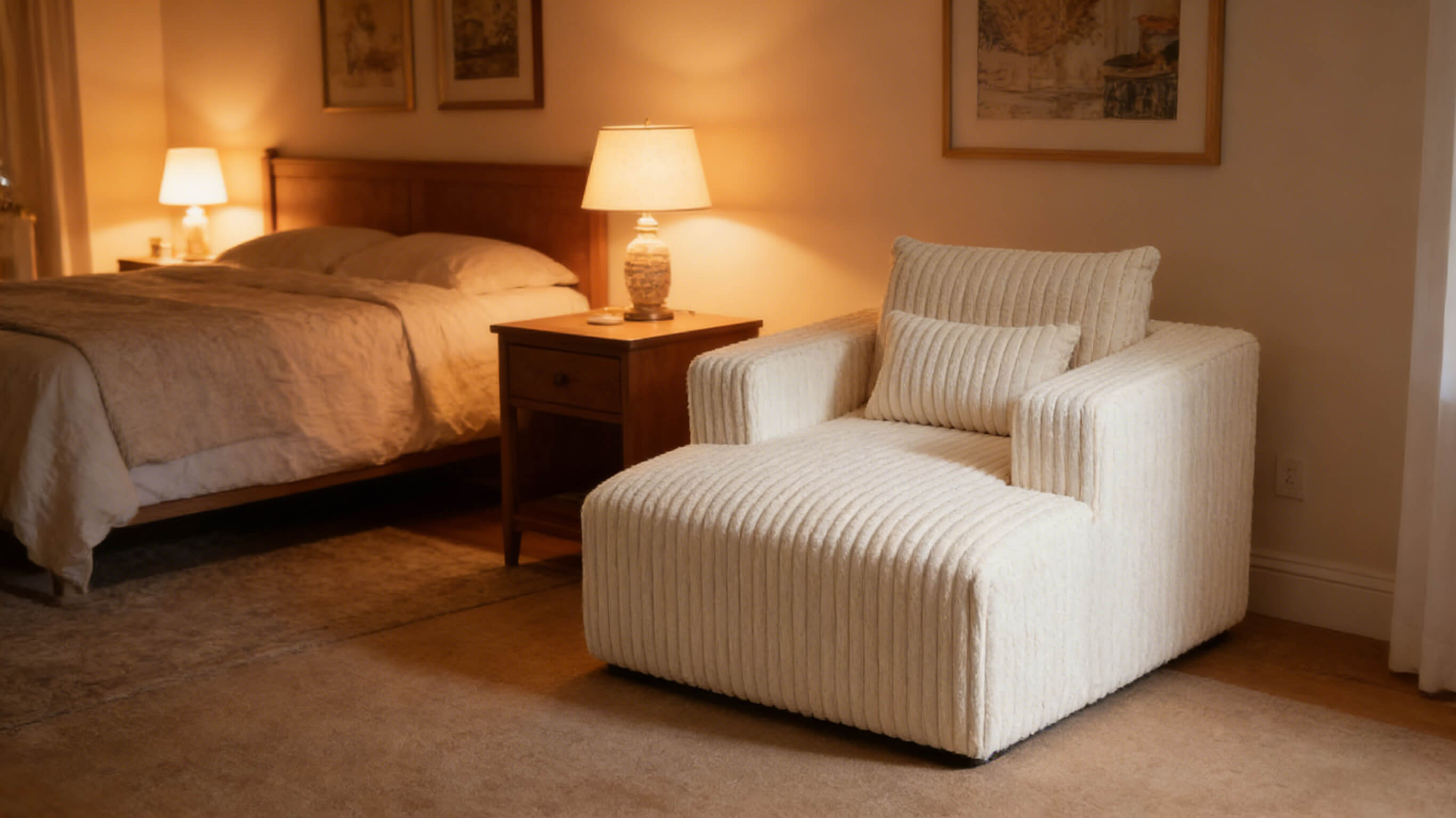 Comfortable corduroy reading chair placed in a cozy bedroom setting under warm lamp lighting
