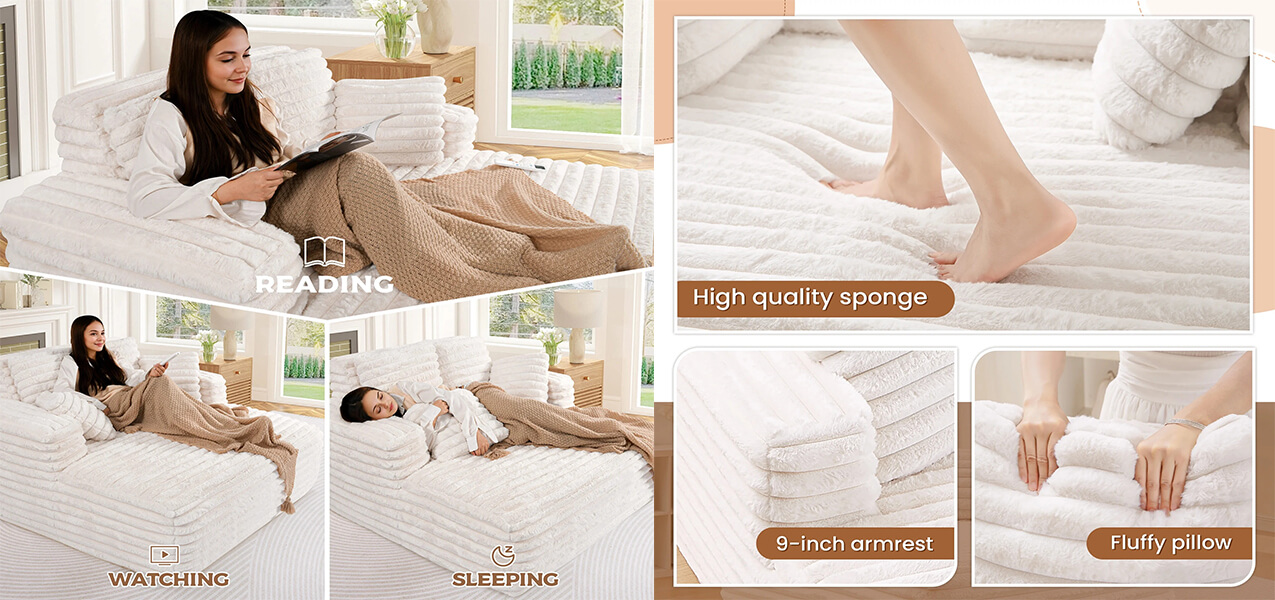 Detailed features of the foam sofa including high-quality sponge, 9-inch armrests, and use cases for reading or sleeping