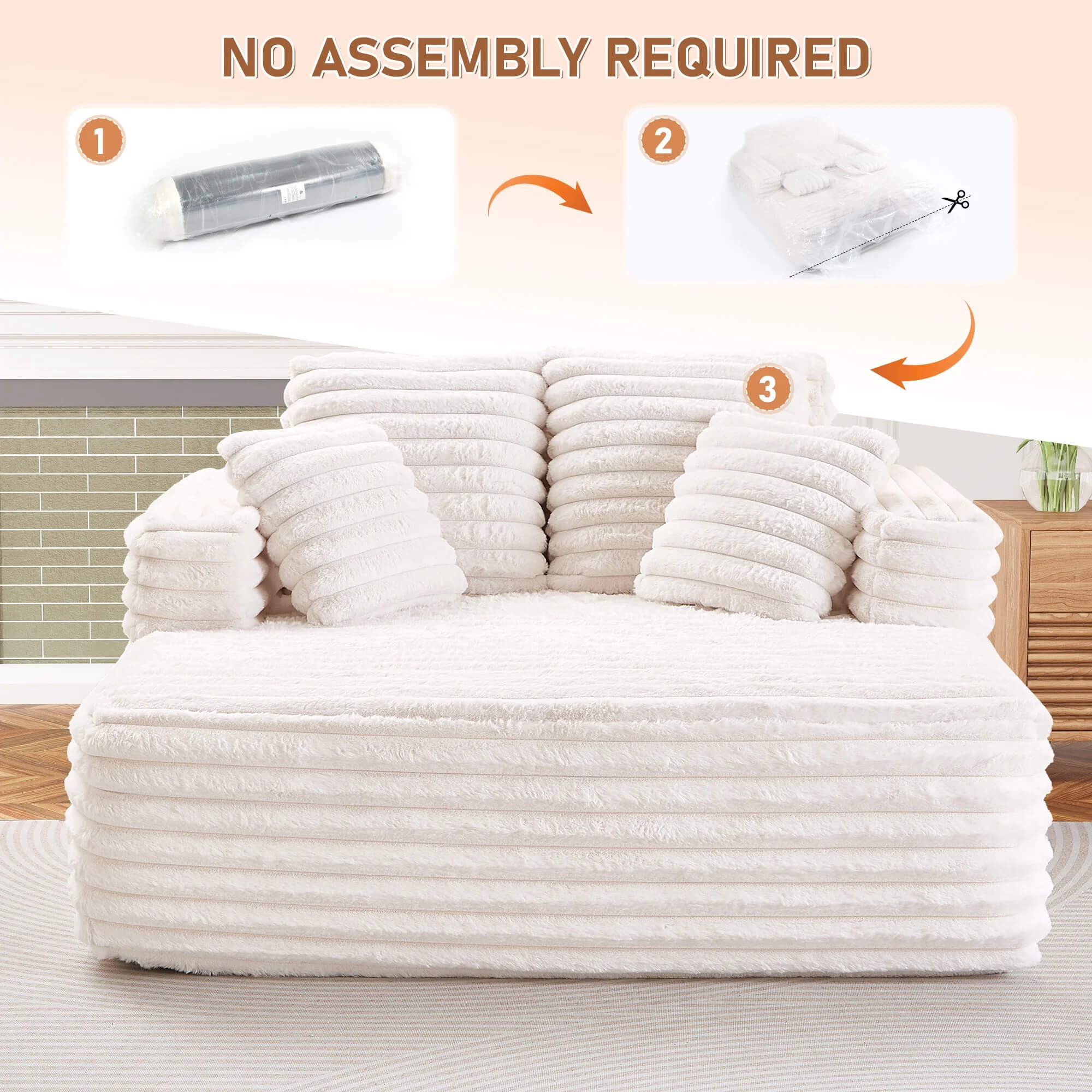 Infographic showing no assembly required: vacuum-packed foam sofa expanding after opening