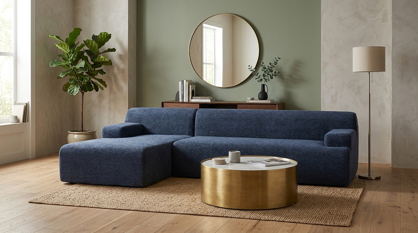 Luxury modern living room interior featuring MX DREAM navy blue textured chenille L-shaped sectional sofa, styled with a round brass marble coffee table, fiddle leaf fig plant, and sage green wall for premium home renovation inspiration.