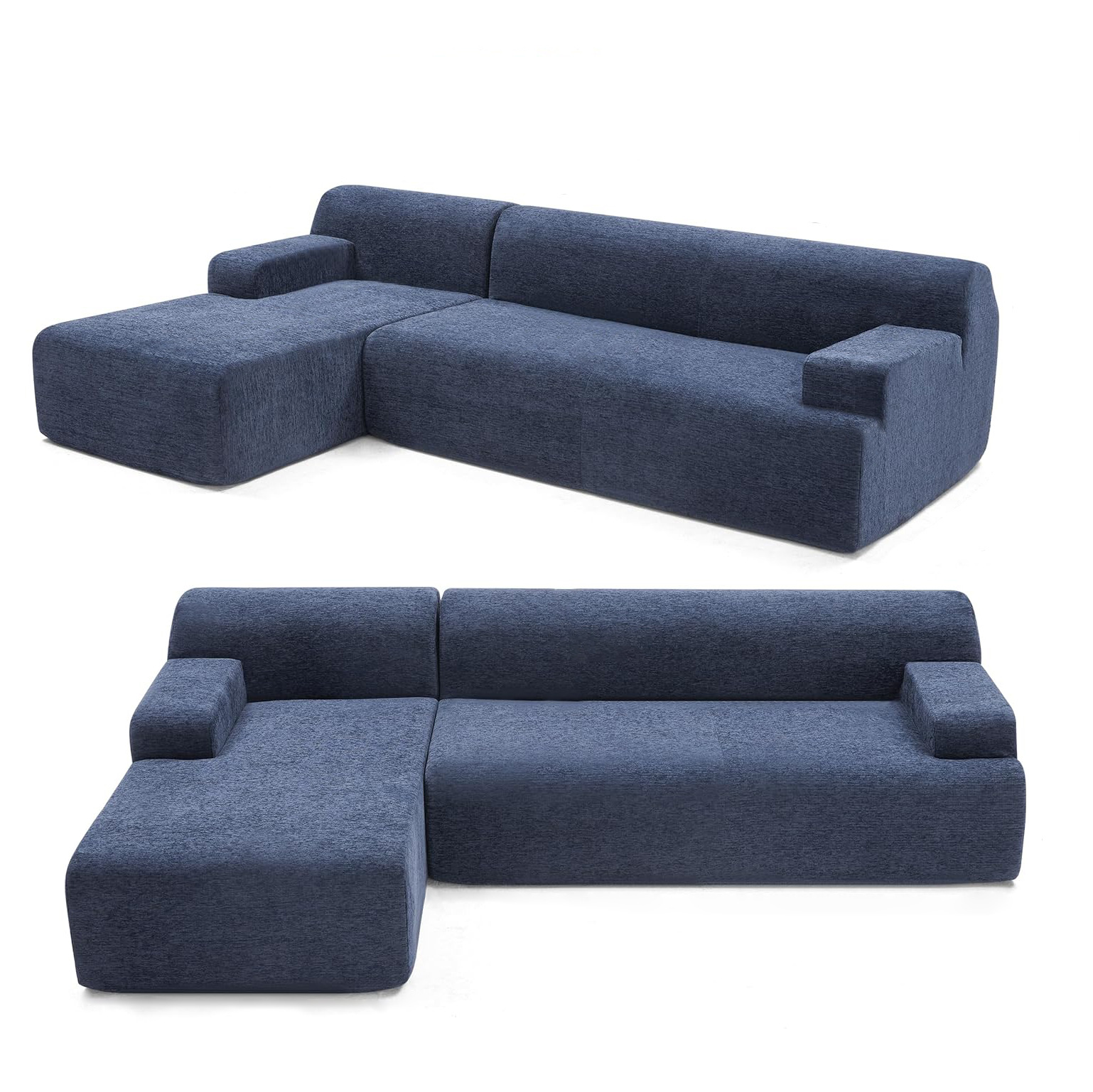 Composite studio view of a navy blue textured chenille L-shaped sectional sofa slipcover isolated on white, featuring a 3/4 angled shot (top) and a direct front shot (bottom) for a complete visual guide.
