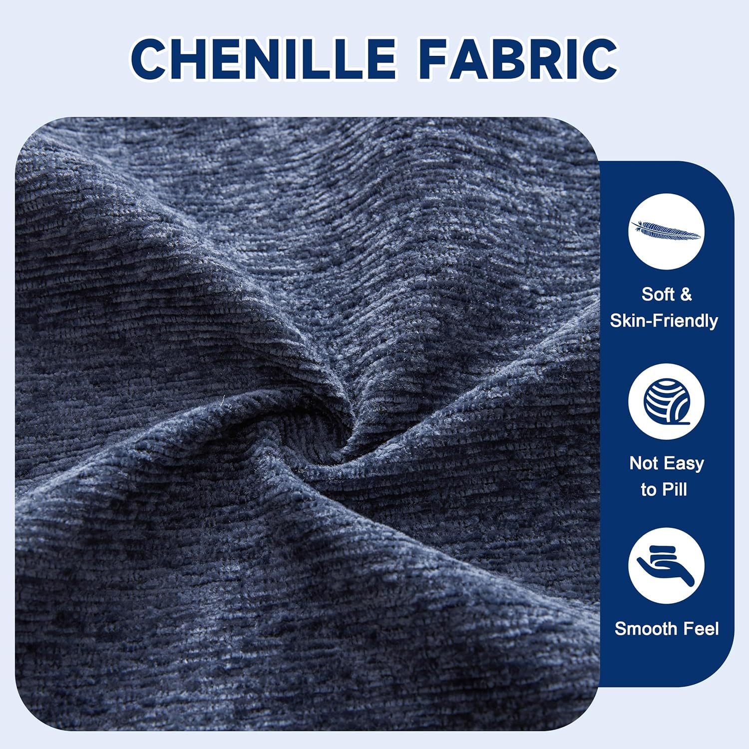 Close-up of MX DREAM navy blue chenille fabric texture for sectional sofa covers, highlighting features: soft, skin-friendly, pilling-resistant, and smooth feel