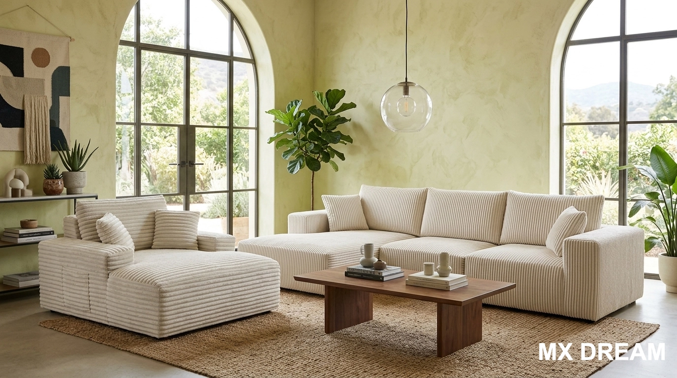 MX DREAM Living Room Display: After vacuum-compressed shipping, our high-density $35kg/m^3$ open-cell foam modules have achieved complete recovery (Recovery rate: 99%), restoring a stylish corduroy modular sofa set. This demonstrates the perfect balance of durability and e-commerce logistics efficiency