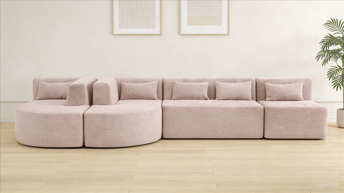 MX DREAM 2026 Modular Sofa System: Featuring 4 independent foam modules in a pale pink curved sectional layout. Designed with high-density structural foam and a no-iron frame for efficient vacuum compression. This modular design allows B2B buyers to customize SKU configurations for diverse apartment and hotel projects