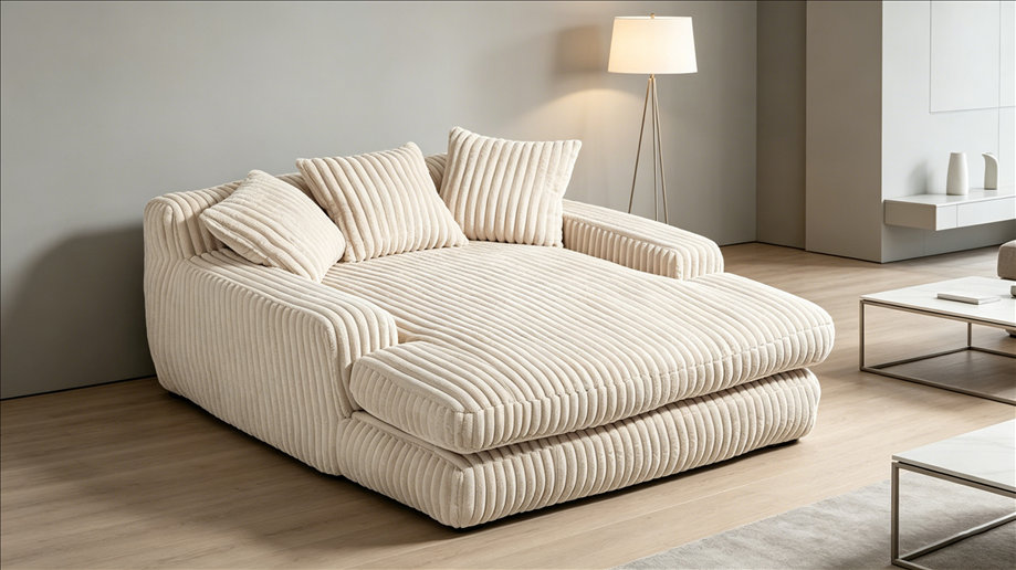 Luxurious cream-colored foam lounger chair in a minimalist living room with warm lighting