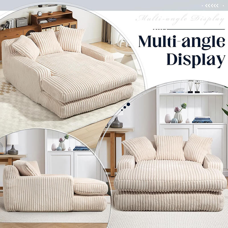 Side, front, and top views of a cream corduroy all-foam sleeper chair