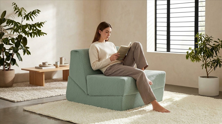 A young woman reading on the MX DREAM compact foam accent chair. Demonstrates the ergonomic support and modern minimalist aesthetic of our frameless furniture line