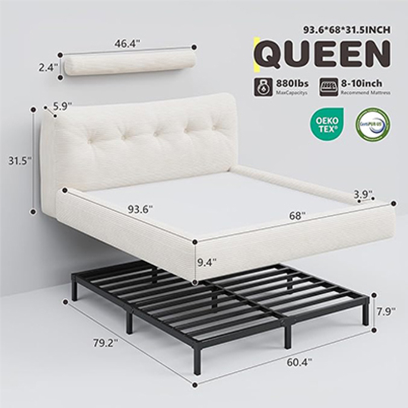 Technical dimensions and 880lbs weight capacity of MX DREAM queen size bed frame with OEKO-TEX and CertiPUR-US certifications.