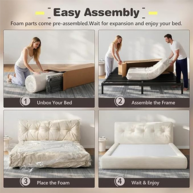 4-step easy assembly guide for MX DREAM bed frame, showing unboxing and foam placement for efficient property management.
