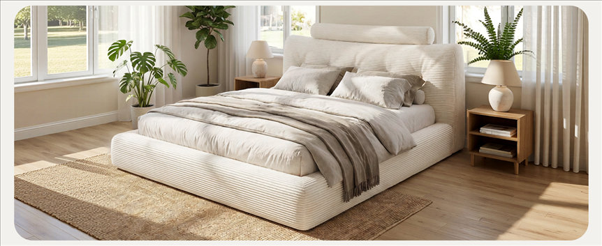 MX DREAM fully upholstered corduroy bed frame in a modern bedroom setting, highlighting a cozy aesthetic for Airbnb and boutique hotel interiors MX DREAM fully upholstered corduroy bed frame in a modern bedroom setting, highlighting a cozy aesthetic for Airbnb and boutique hotel interiors