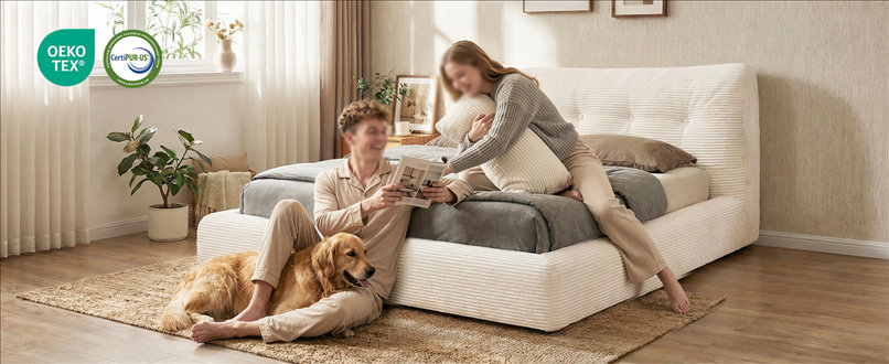 MX DREAM pet-friendly upholstered bed frame featuring OEKO-TEX and CertiPUR-US certified foam, ideal for safe and healthy family or rental living environments MX DREAM pet-friendly upholstered bed frame featuring OEKO-TEX and CertiPUR-US certified foam, ideal for safe and healthy family or rental living environments