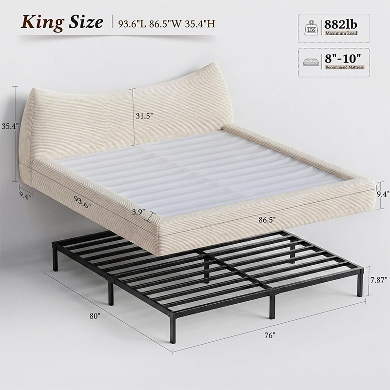 Technical dimensions and 882lb load capacity of MX DREAM king size bed frame with reinforced metal base for commercial use