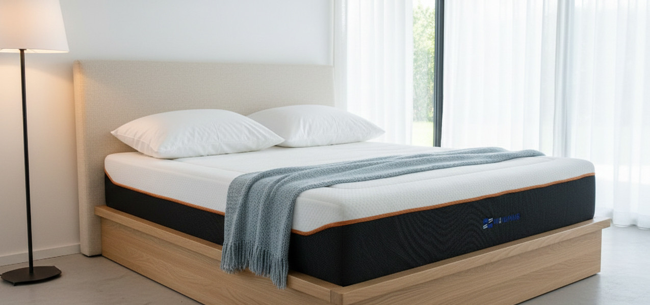 Modern ergonomic mattress with a white breathable cover, black side fabric, and orange piping. Vacuum-compressed and roll-packed for 60-90% shipping volume reduction, ideal for e-commerce distribution Modern ergonomic mattress with a white breathable cover, black side fabric, and orange piping. Vacuum-compressed and roll-packed for 60-90% shipping volume reduction, ideal for e-commerce distribution