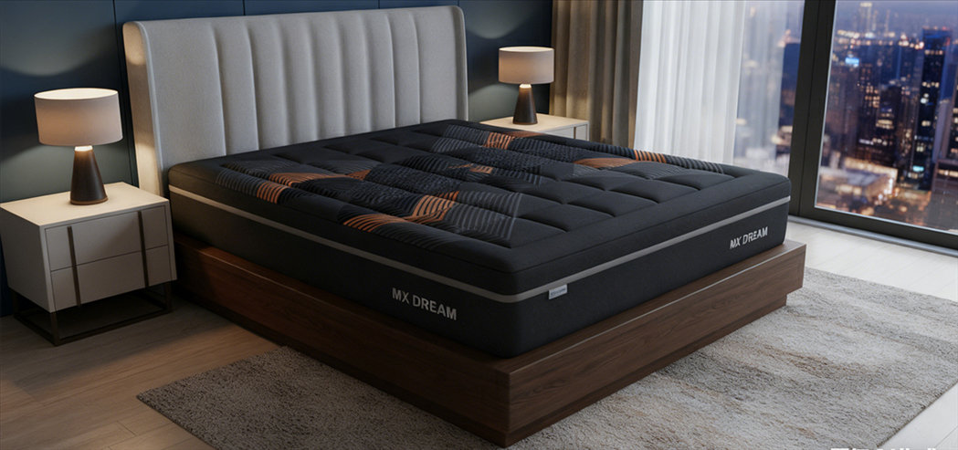 Modern ergonomic mattress with a white breathable cover, black side fabric, and orange piping. Vacuum-compressed and roll-packed for 60-90% shipping volume reduction, ideal for e-commerce distribution Modern ergonomic mattress with a white breathable cover, black side fabric, and orange piping. Vacuum-compressed and roll-packed for 60-90% shipping volume reduction, ideal for e-commerce distribution