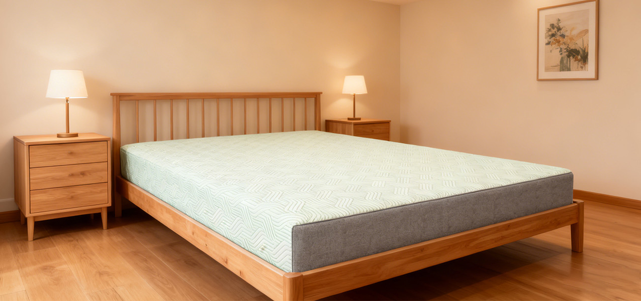 MX DREAM thin memory foam mattress featuring a light green geometric wave pattern knitted fabric and grey side panels. Professional roll-pack furniture solution for apartment projects and B2B wholesale MX DREAM thin memory foam mattress featuring a light green geometric wave pattern knitted fabric and grey side panels. Professional roll-pack furniture solution for apartment projects and B2B wholesale