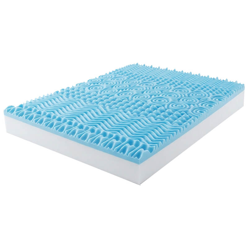 Cross-section detail of a modular pure foam mattress structure, showcasing the top blue gel memory foam layer with 3D wave and concentric ring ergonomic cuts over a supportive high-density white foam base