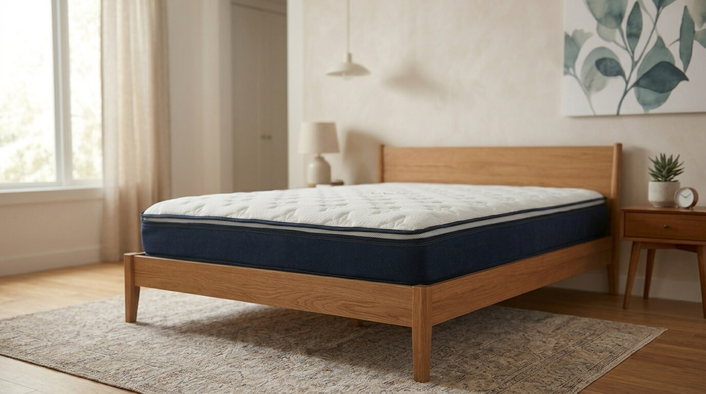 luxury-memory-foam-mattress-modern-bedroom-scene.jpg  Alt 说明 (Alt Text): A premium memory foam mattress with a textured white top and dark blue side panels, styled on a wooden bed frame in a brightly lit modern bedroom
