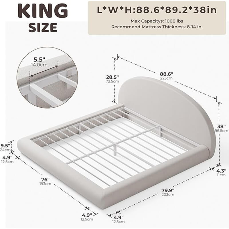 King size bed frame dimensions, technical specifications, and weight capacity